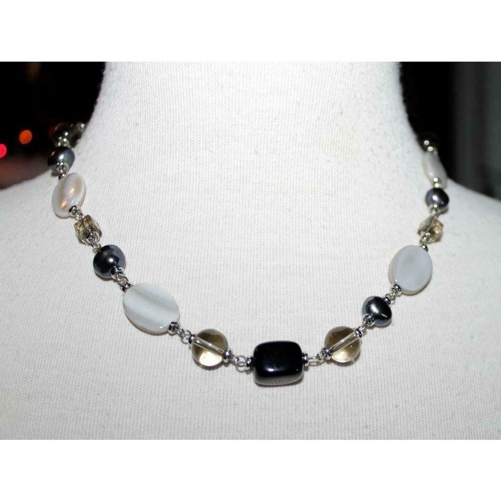 Quality Genuine Pearl, Quartz, Onyx Bead Necklace